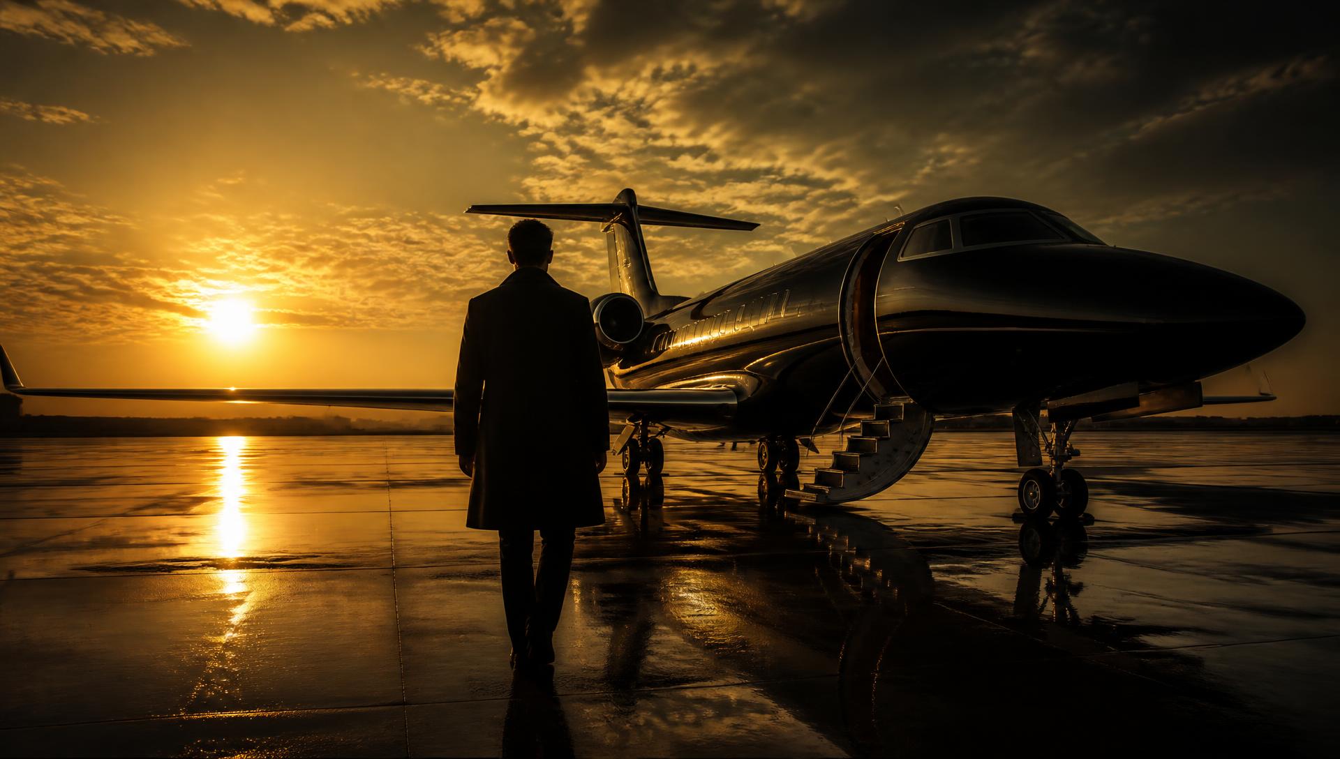 A figure walking toward a private jet at sunrise