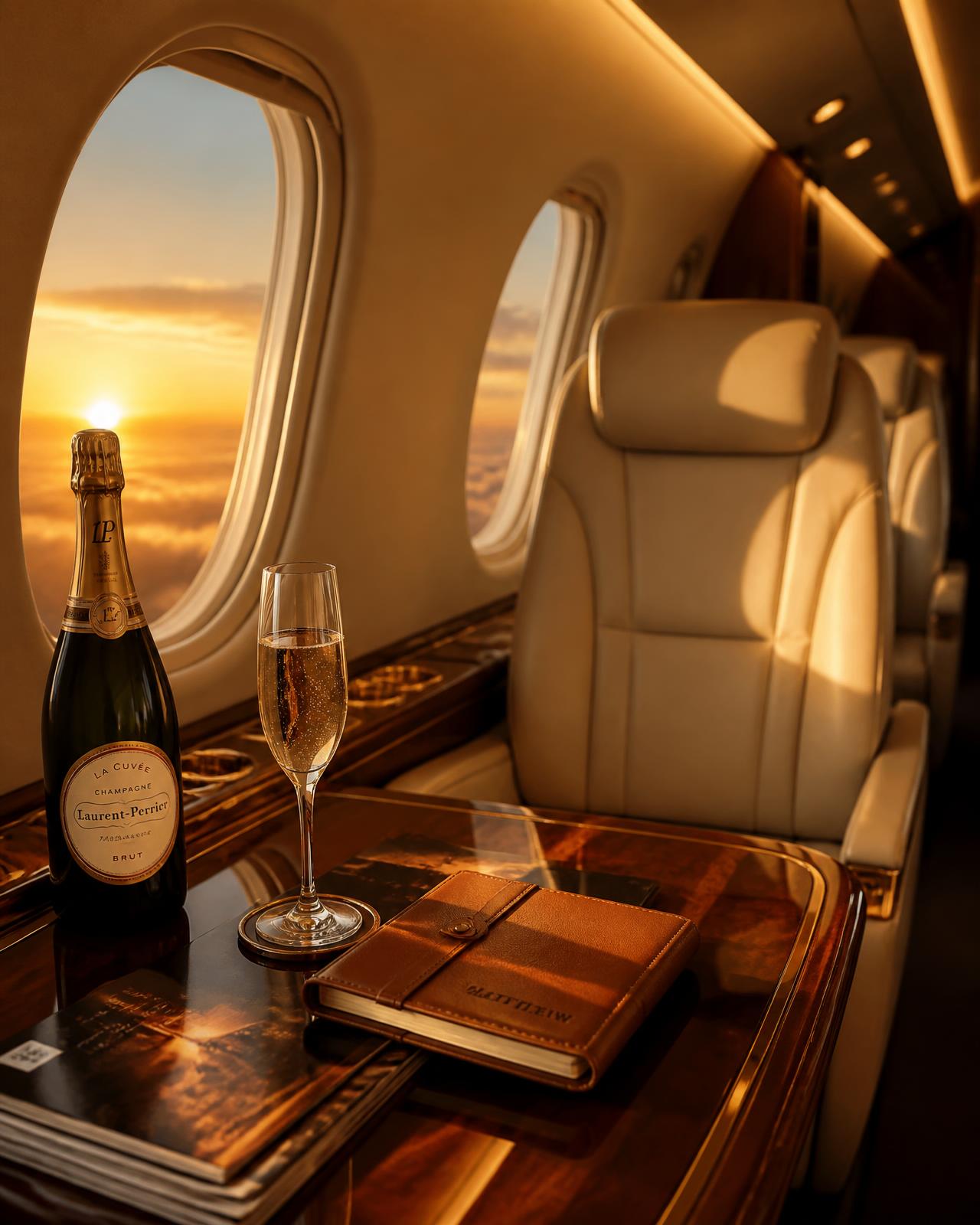 Private jet cabin at golden hour
