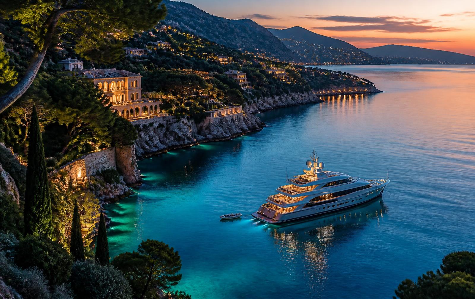 Superyacht anchored off the French Riviera at dusk